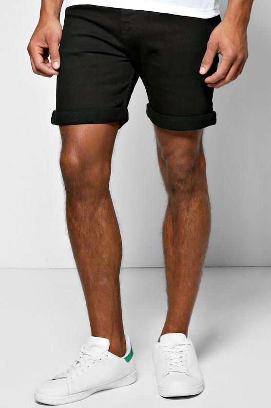 Skinny Fit Black Denim Shorts in Mid Length